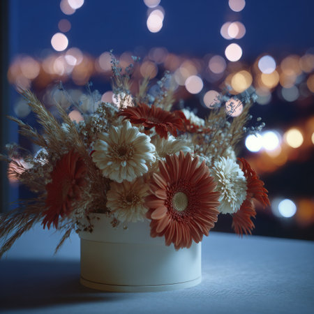 Floral arrangement of orange, white, and dried flowers in a round box, with cityscape bokehの素材