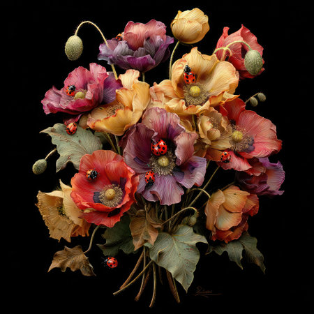 A lush, vibrant bouquet of colorful poppies with ladybugs against a stark, black backgroundの素材