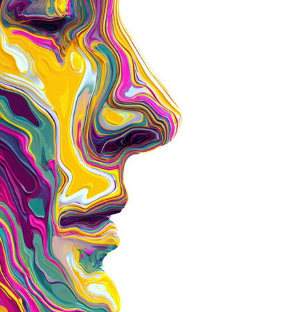 A colorful, marbled profile of a face, rendered in vibrant liquid strokes against whiteの素材