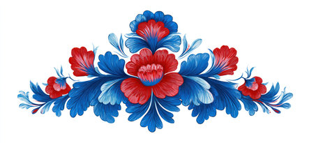 A symmetrical floral design with blue leaves and red blossoms against a white backgroundの素材