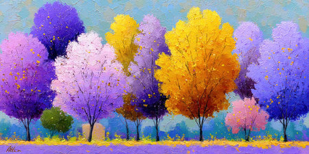 A vibrant painting of colorful trees with a textured style against a light blue backdropの素材