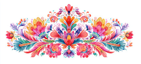 Watercolor floral design with vibrant colors, featuring detailed leaves and flowers on white backgroundの素材