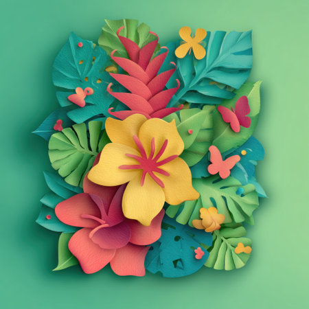 Paper cut tropical flowers and leaves, layered with butterflies, on a gradient greenの素材