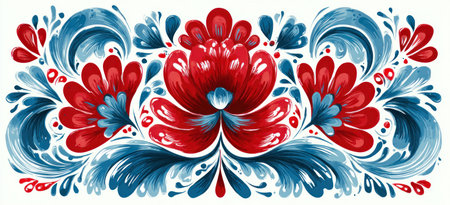 A vibrant floral design with stylized flowers in red and blue, swirling leaves, white backgroundの素材