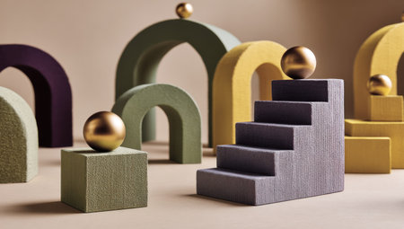 Geometric shapes and golden spheres compose a minimalist still life with muted colorsの素材