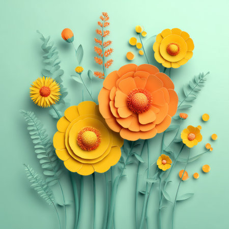A vibrant, paper-crafted floral arrangement featuring yellow and orange blossoms on a green backdropの素材