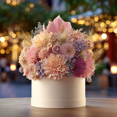 A floral arrangement overflowing from a round, neutral box against a soft bokeh backgroundの素材