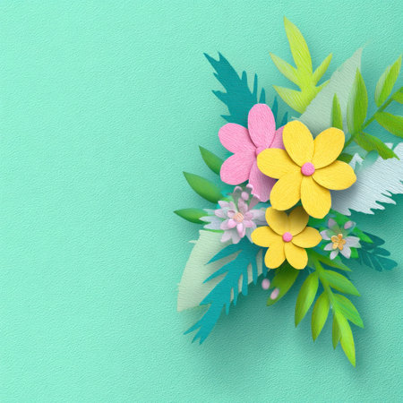 Paper-crafted spring bouquet with yellow, pink, and white blooms on a turquoise backgroundの素材