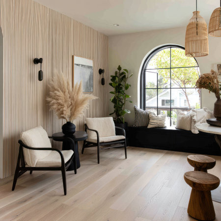 Cozy interior featuring chairs, a window seat, and natural lightの素材