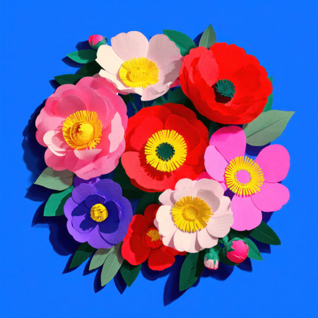 Digitally created, vibrant bouquet of colorful paper flowers against a bright blue backgroundの素材