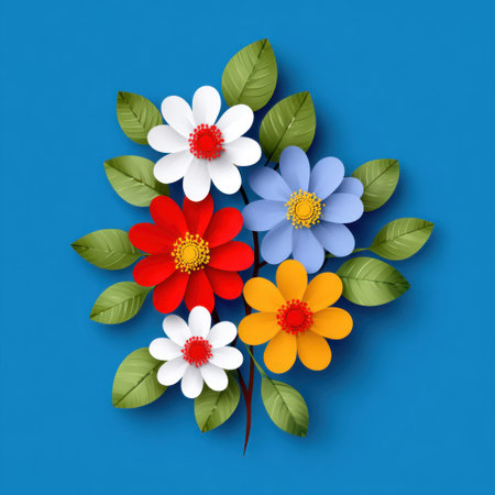 A vibrant, colorful flower arrangement with green leaves against a solid blue backgroundの素材