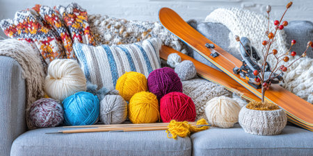 Cozy living space features knitting supplies, vintage skis, and decorative elementsの素材