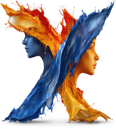An &#39;X&#39; formed by two female profiles merged with vibrant paint splashes of orange, blueの素材
