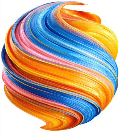 Swirling, abstract, colorful ribbons twist and blend in a rounded 3D shape against whiteの素材
