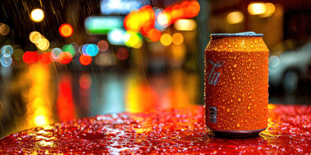 Orange can sits on a wet, red surface, with a blurred cityscape and rain. Focus on the canの素材