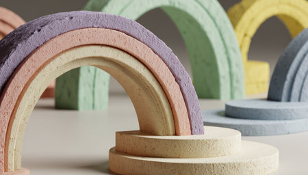 Pastel-colored, textured, arched forms arranged on a neutral surfaceの素材