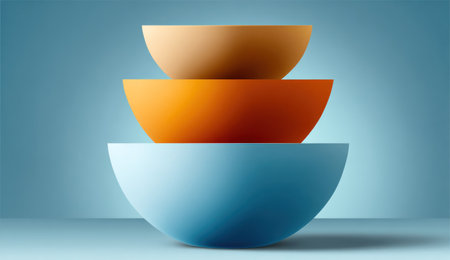 Three overlapping, colorful, semi-spherical bowls stacked on a light-blue gradientの素材