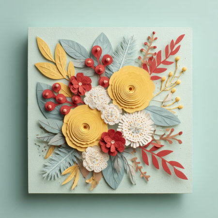Square paper art of a vibrant floral arrangement with layered textures and contrasting colorsの素材