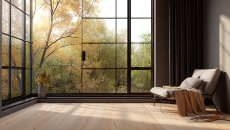 Interior room with large windows overlooking autumn trees, warm light, and seating areaの素材