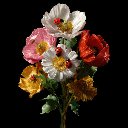 A vibrant bouquet of colorful paper flowers, adorned with ladybugs, on a black backgroundの素材