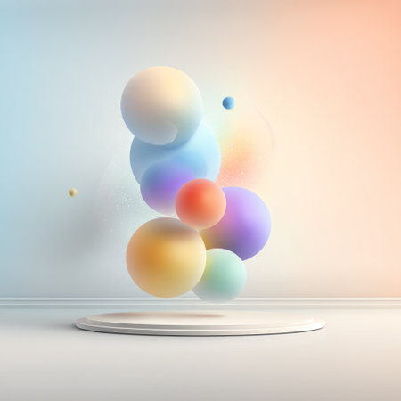 Floating pastel spheres over a white platform against a soft color gradient backdropの素材