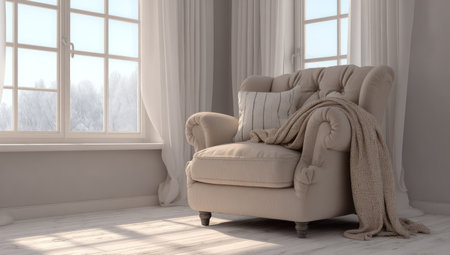 Beige armchair next to a window with sunlight streaming through curtains and overlooking a snowy sceneの素材