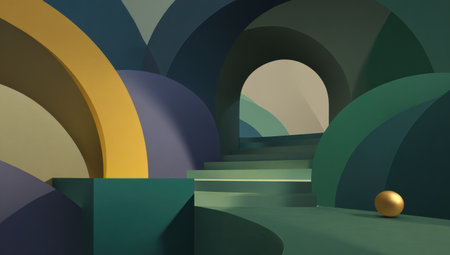 Abstract geometric scene with archways, stairs, and a golden sphereの素材