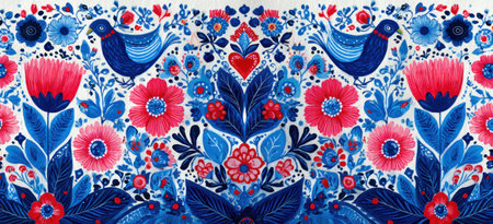 Floral pattern with symmetrical design, featuring birds, flowers, and foliage. Blue &amp; pink huesの素材