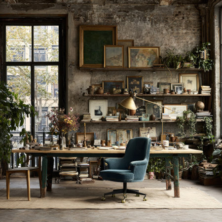 An eclectic home office, featuring a long desk, art, plants, and an inviting atmosphereの素材