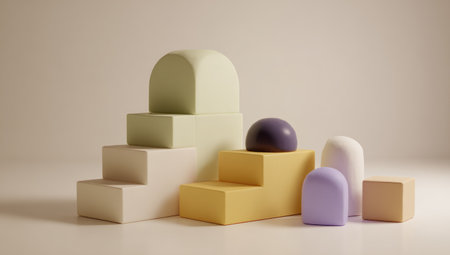 Pastel-colored geometric forms like stairs and arches on a white surface, lit evenlyの素材