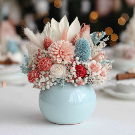 A pastel floral arrangement in a blue vase sits on a white table; Christmas lights blurの素材
