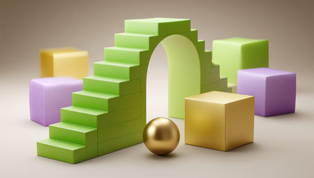 Abstract composition with a green staircase arch, golden sphere, and colorful cubesの素材