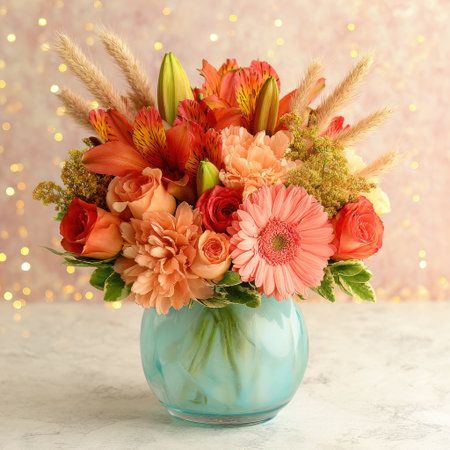 Floral arrangement in a blue vase, various warm-toned flowers on a textured backgroundの素材