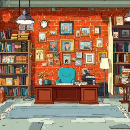 A cluttered office, with brick walls and bookshelves, filled with books, photos, and a deskの素材