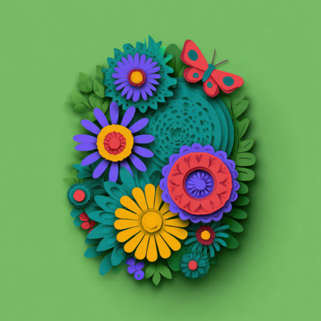 Colorful layered paper cut bouquet with flowers, leaves, and a butterfly on a green backgroundの素材