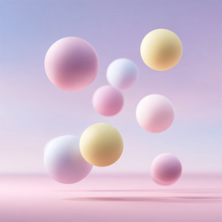 Pastel spheres float in a soft, gradient background, rendered with a dreamy aestheticの素材