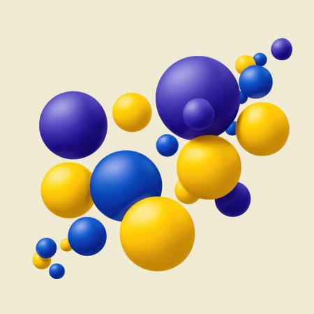 Abstract composition of floating 3D spheres, in shades of blue and yellow, on a cream backgroundの素材