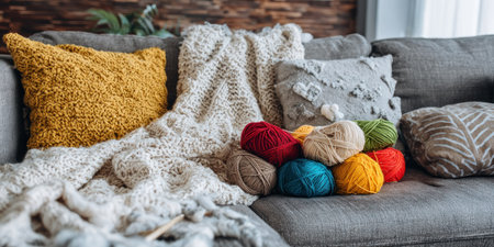 Cozy living room scene with pillows, a blanket, and colorful yarn balls on a grey couchの素材