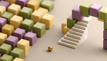 Pastel colored blocks arranged as path, stairs, archway with golden sphereの素材