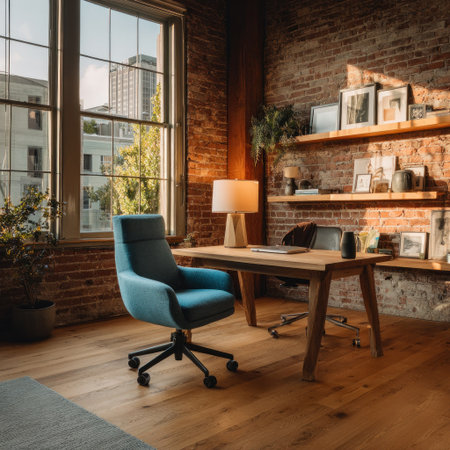 A sunlit office with brick wall, wood floor, blue chair, and desk by windowの素材