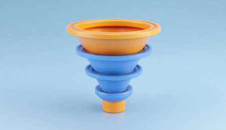 Stacked and tapered, colorful, funnel-shaped objects, with a gradient blue backdropの素材