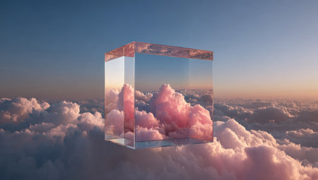 A transparent cube floats in a cloud-filled sky, containing a pink cloud vistaの素材