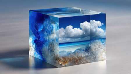 Transparent cube encasing a vibrant beach scene with waves, sky, and cloudsの素材