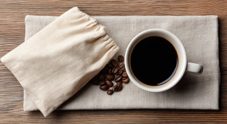 Overhead shot of coffee, beans, and pouch on a linen napkin, set on a wooden surfaceの素材