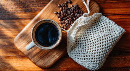 Overhead shot showing a cup of black coffee, beans, and a reusable mesh bag on woodの素材
