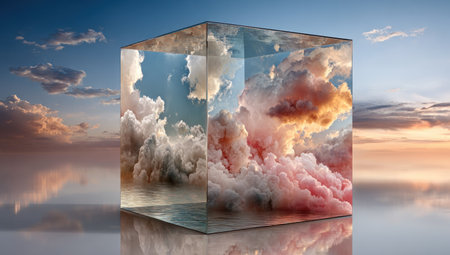 A translucent cube reflects sunset clouds, merging sky with reflective waterの素材