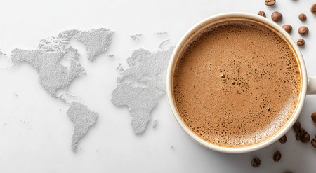 Coffee cup sits beside coffee beans with a map outline. White background, top-down viewの素材