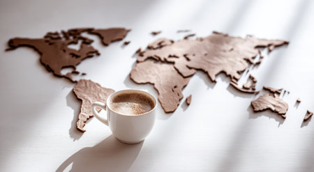 Coffee cup sits on white surface near a wooden world map, with shadowsの素材