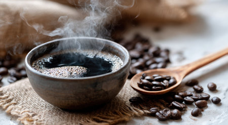 Steaming dark coffee in a bowl, beans nearby with spoon, on a rustic backgroundの素材