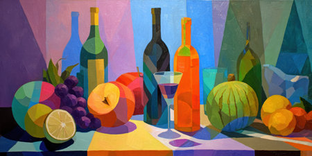 Cubist still life painting with fruit, bottles, and a glass in a colorful geometric compositionの素材